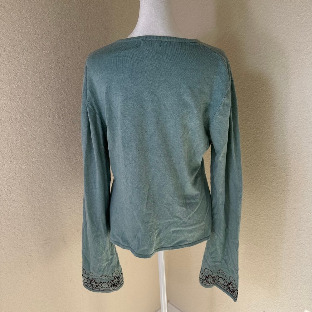 Sleeping on Snow Sweater Women XL Teal Boho Embroidered Tie Neck Rayon Pullover - Picture 3 of 6